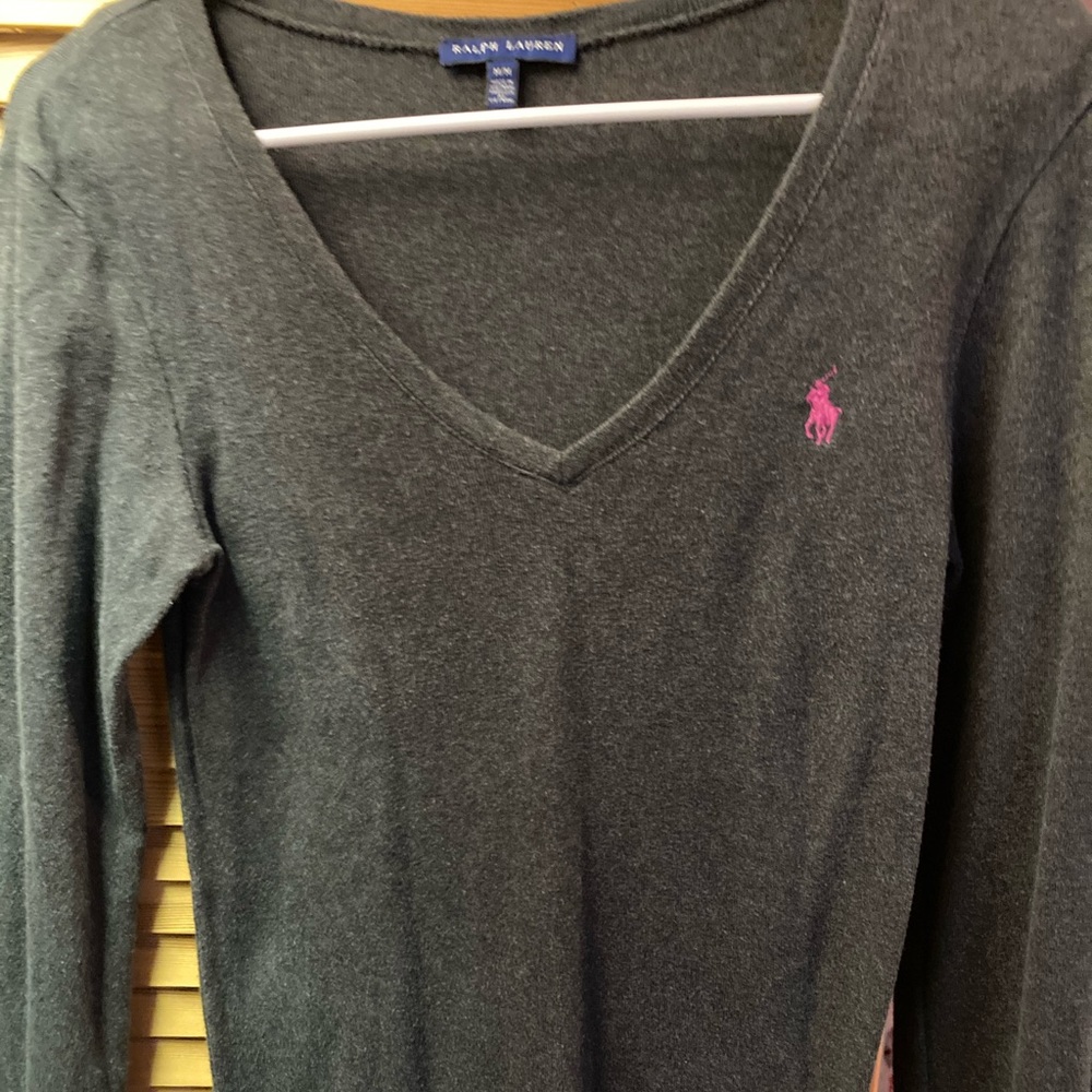 Ralph Lauren Women’s V-neck dark grey Sweater with purple pony